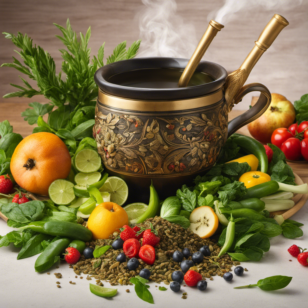 An image portraying a steaming cup of yerba mate, overflowing with vibrant green leaves, alongside a small pile of fresh vegetables and fruits rich in Vitamin B, showcasing the nutrient content of a serving