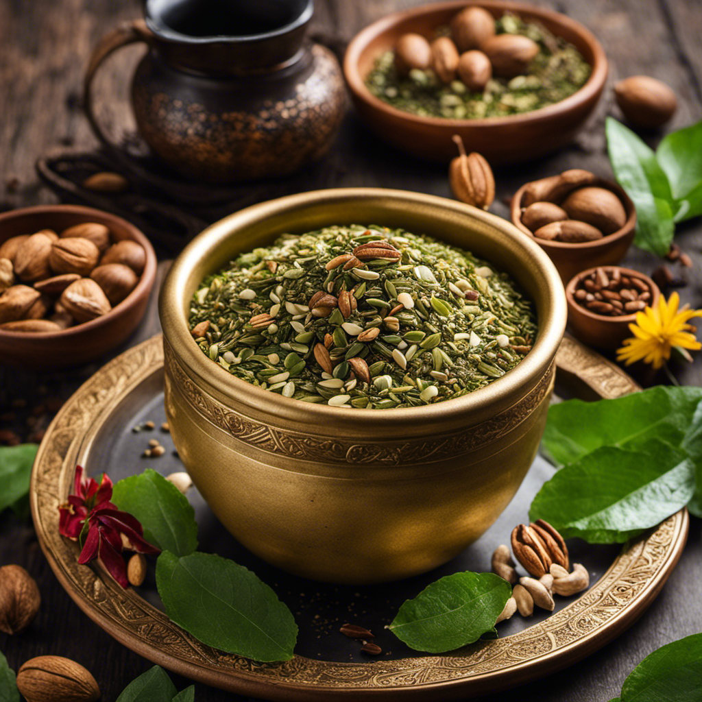 An image showcasing a vibrant cup of Yerba Mate, brimming with fresh green leaves and steam, surrounded by an assortment of nuts and seeds known to be rich sources of Vitamin E