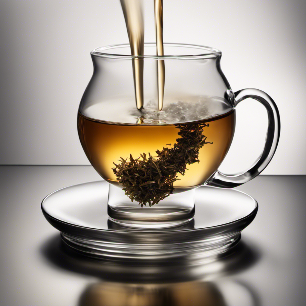 An image showcasing a teacup filled with precisely measured 2 teaspoons of loose tea, surrounded by a transparent glass pitcher slowly pouring water onto the tea, capturing the ideal water-to-tea ratio in all its clarity