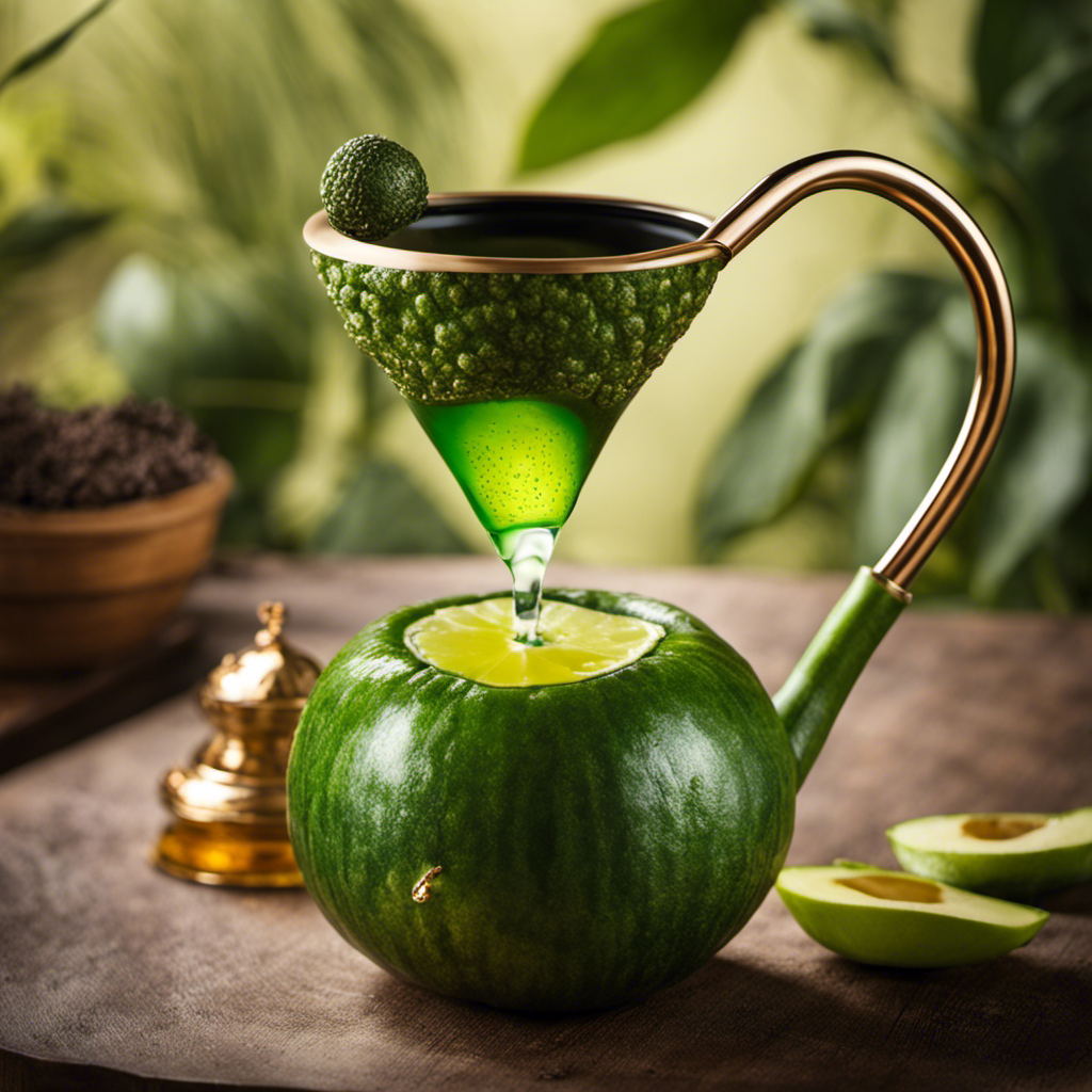 An image that showcases a traditional bombilla (metal straw), immersed in a vibrant green gourd filled with freshly brewed yerba mate