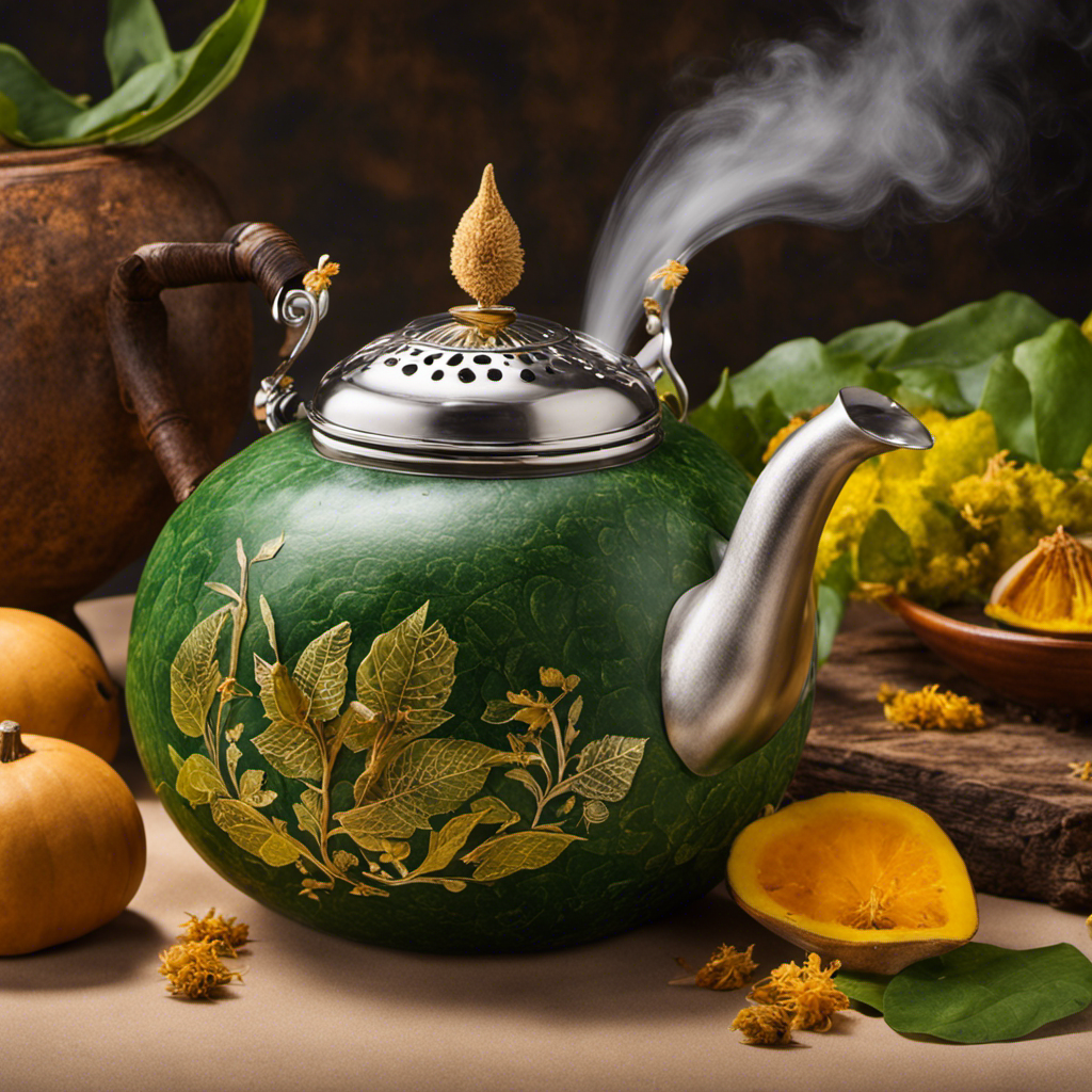 An image showcasing a traditional gourd filled halfway with vibrant green yerba mate leaves, surrounded by a stream of hot water being poured from a kettle, highlighting the precise amount needed to attain the perfect balance