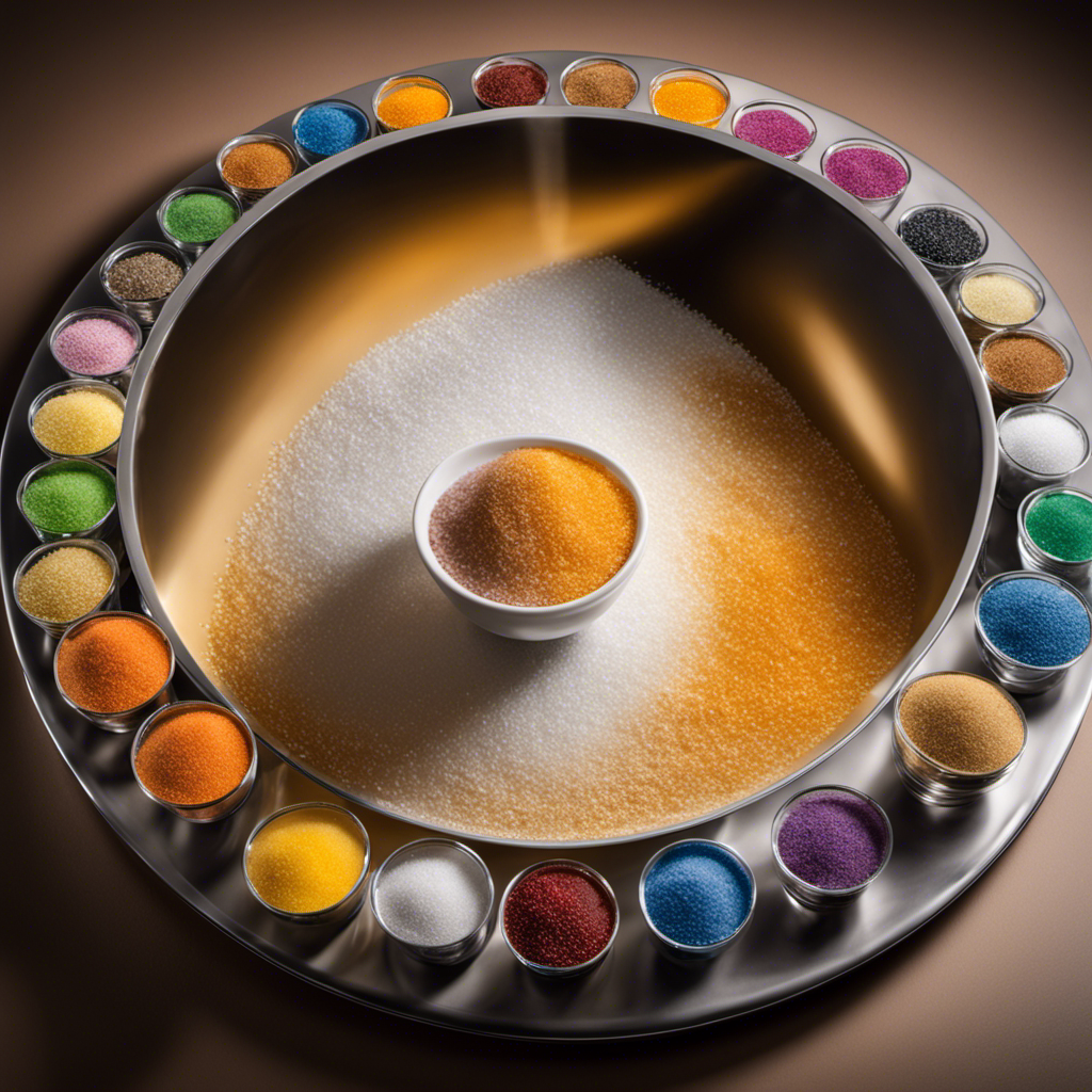 An image showcasing a scale with an overflowing bowl of sugar, representing 126 teaspoons