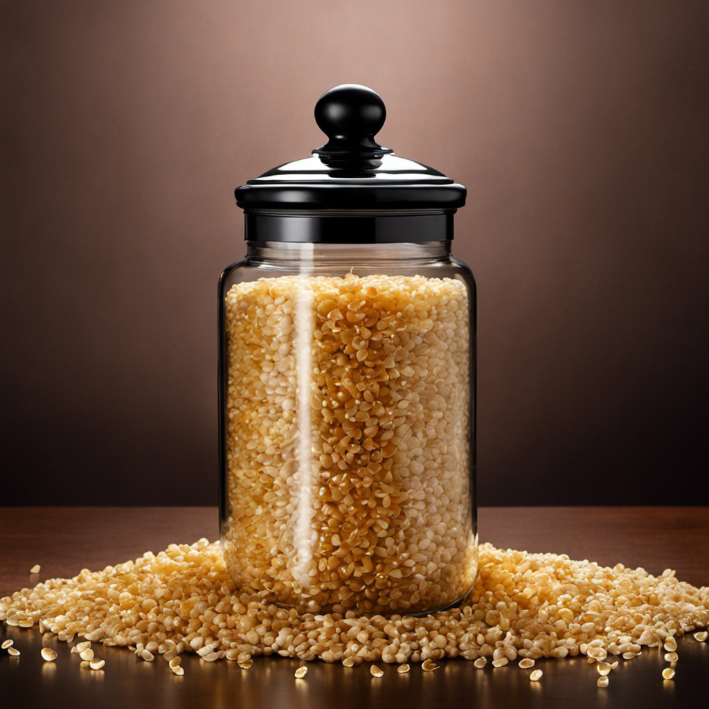 An image showcasing a clear glass jar filled to the brim with 650 neatly arranged, tiny, golden-brown teardrops of dried minced garlic, reflecting light, emphasizing the sheer volume and weight