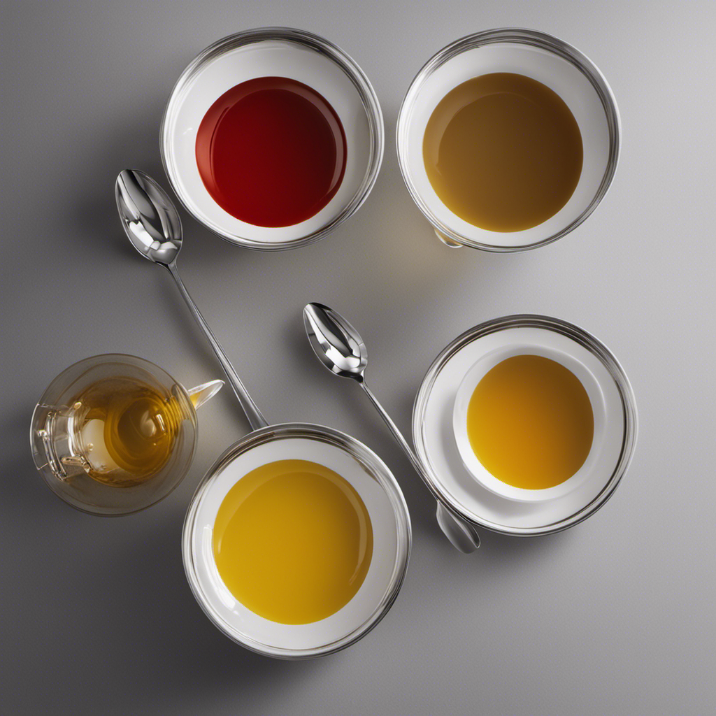 An image displaying four identical tablespoons filled to the brim with liquid, pouring their contents into a single teaspoon, showcasing the conversion process from tablespoons to teaspoons