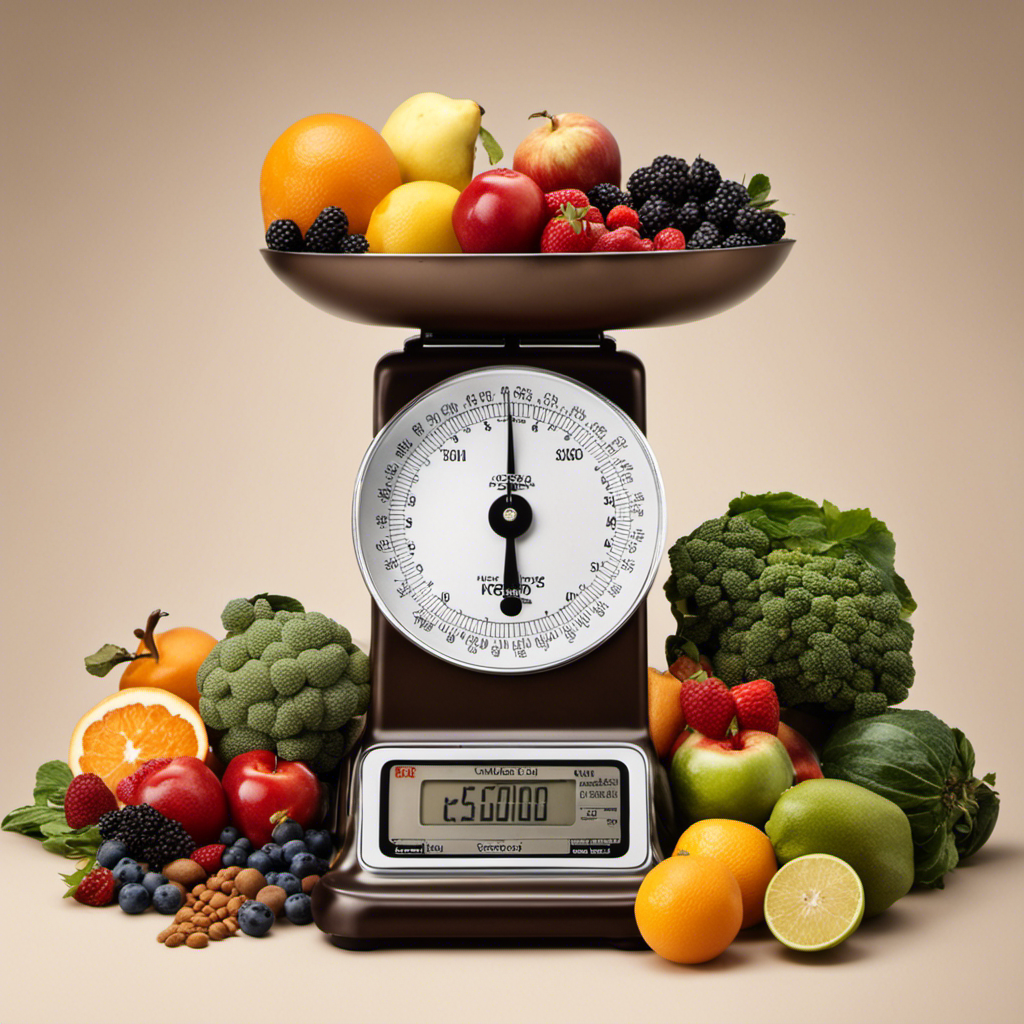 An image of a kitchen scale with a stack of 455 teaspoons balancing on one side, while the other side displays an assortment of everyday items like fruits, vegetables, and grains, visually conveying the weight of 455 teaspoons of sugar