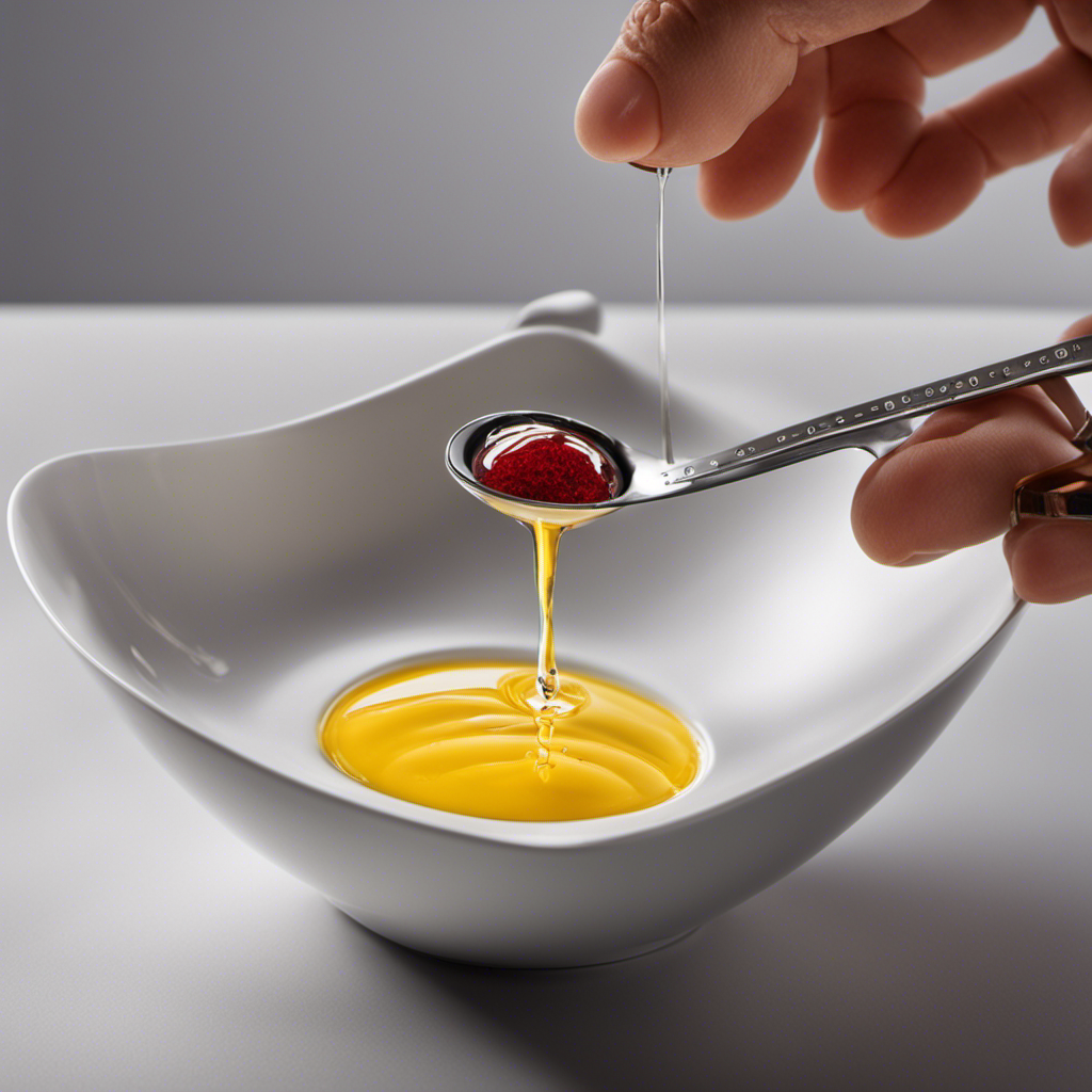 An image showcasing a measuring spoon filled with precisely 5 milliliters of liquid, perfectly poured into a teaspoon, highlighting the conversion between the two units of measurement