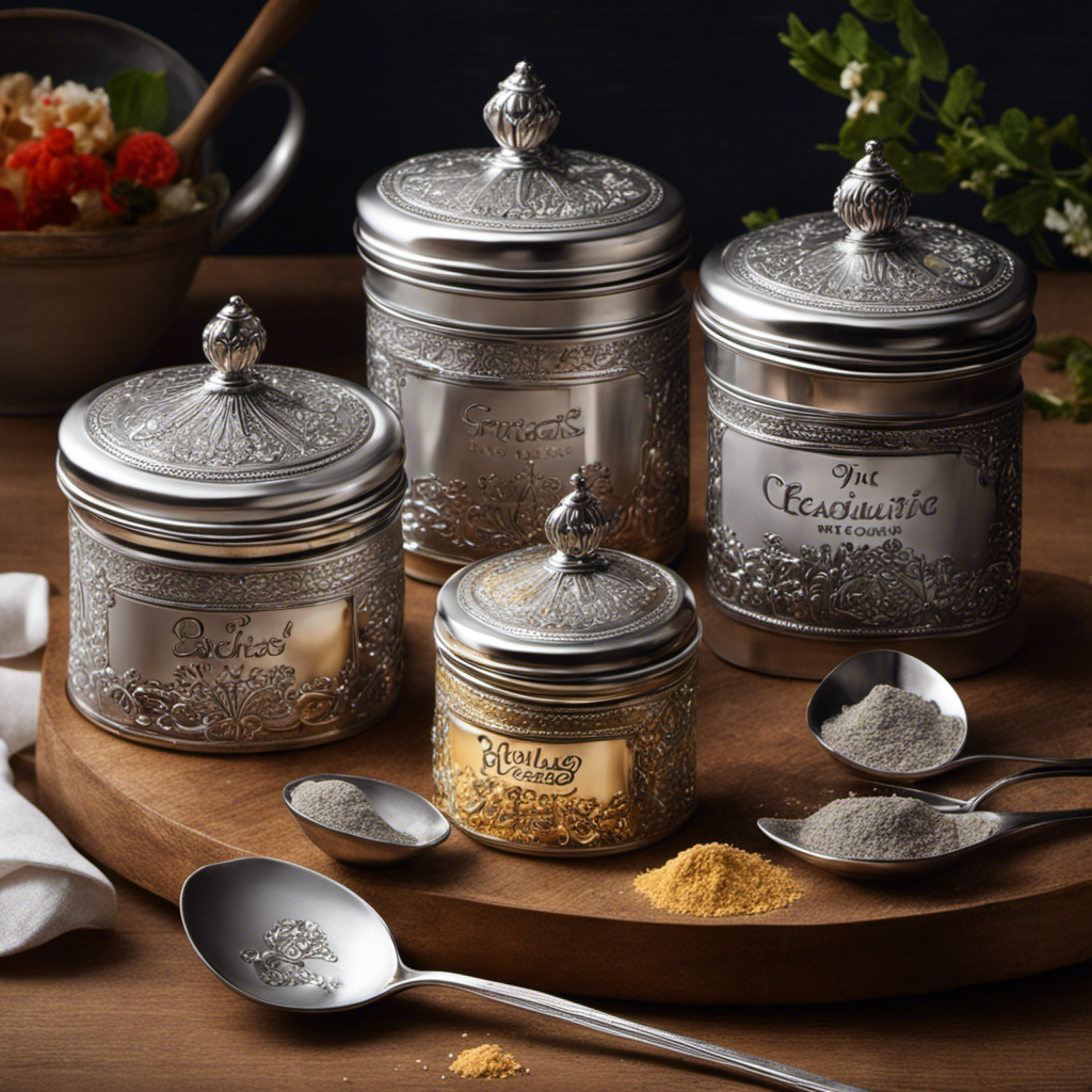 An image showcasing five pristine, silver teaspoons, delicately nestled next to an exquisite jar adorned with vibrant illustrations of baking powder, enticing viewers to ponder the cost of this essential ingredient