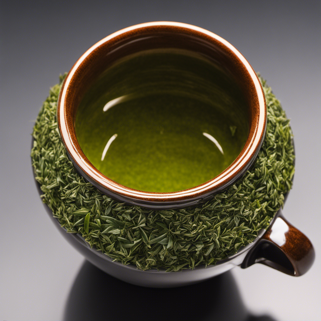 An image showcasing a porcelain cup filled to the brim with vibrant, finely crushed yerba mate leaves, forming a small mound