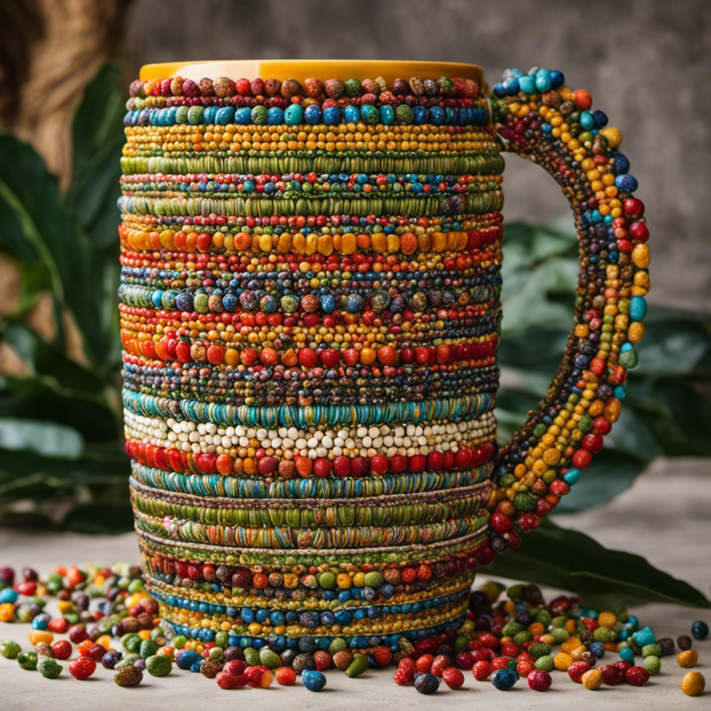 An image showcasing a large, colorful mug overflowing with 250 small cups filled with yerba mate