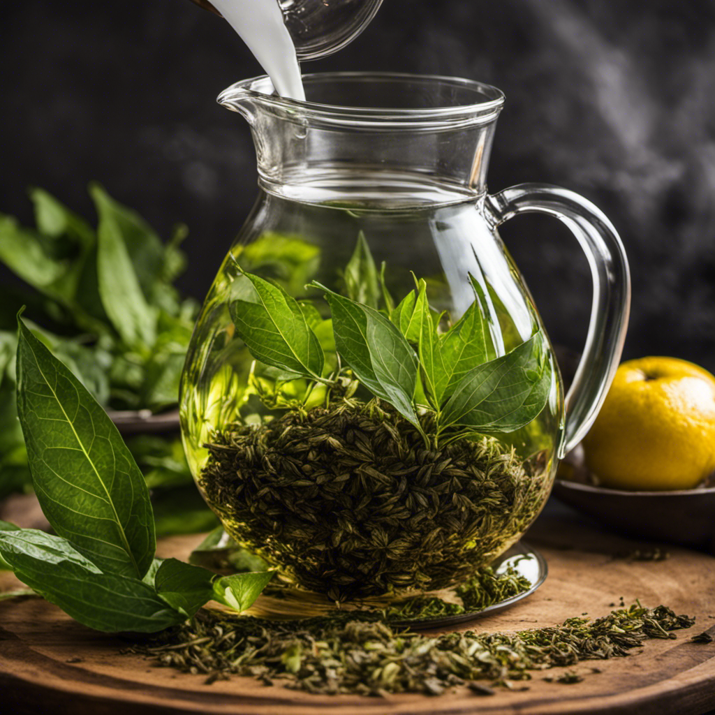 An image showcasing a large, clear glass pitcher filled with vibrant green yerba mate tea