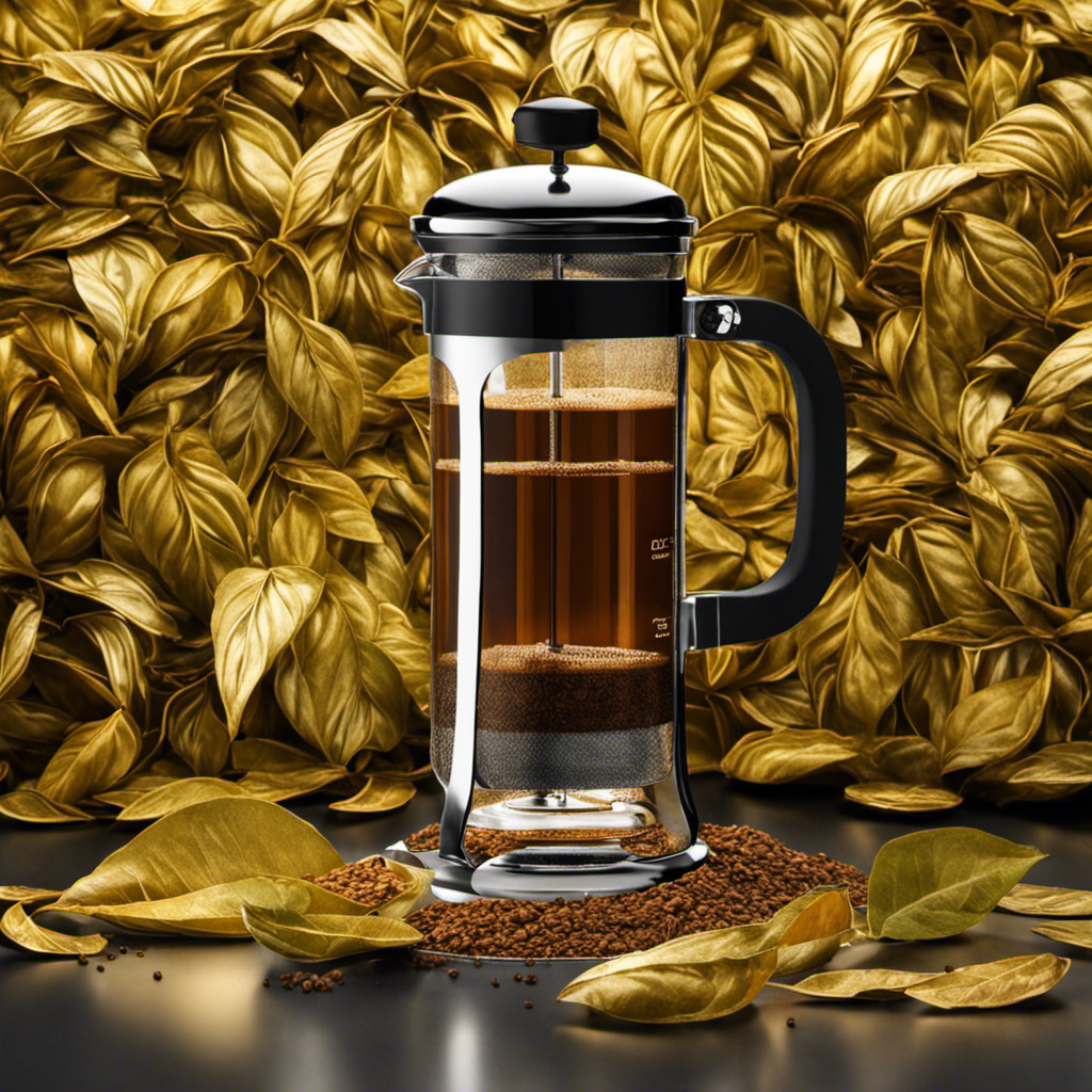 An image showcasing a French press filled with rich, golden-brown Yerba Mate leaves, gently steeping in hot water