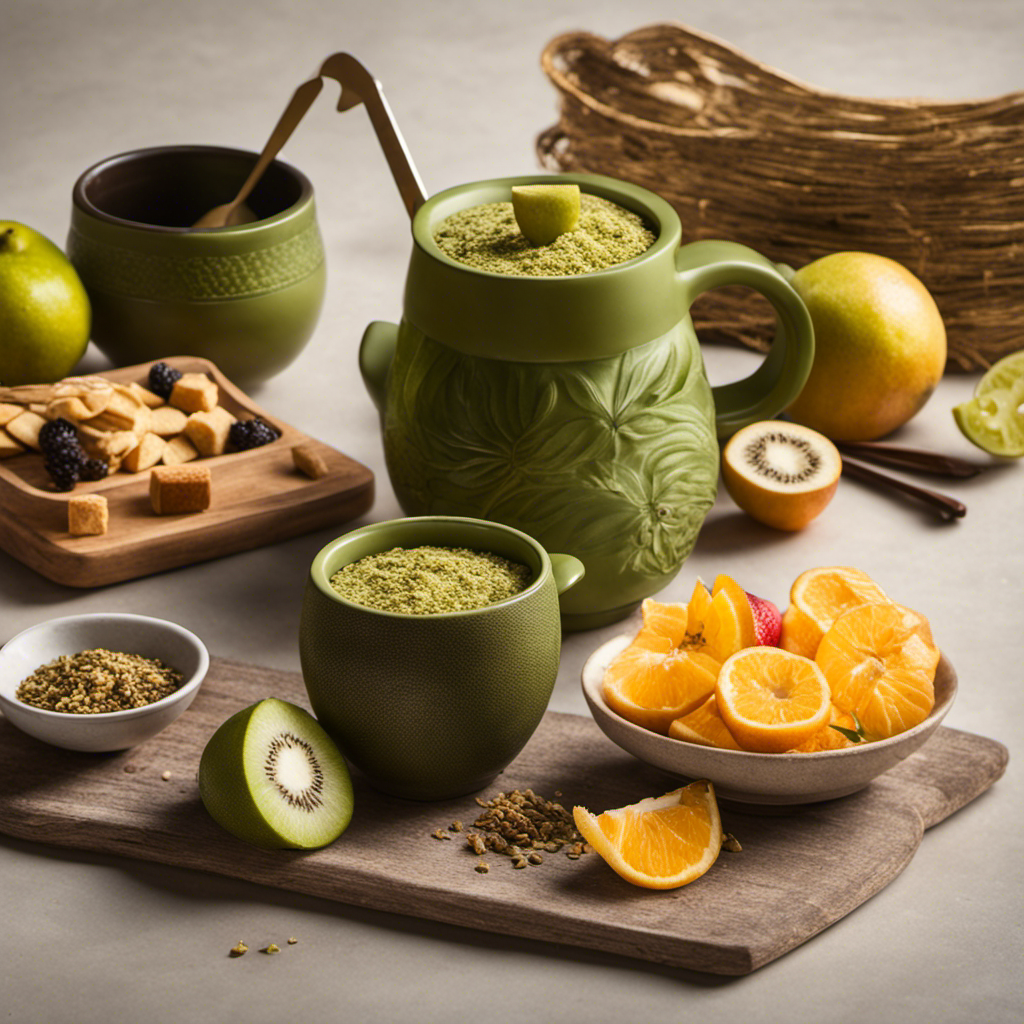 An image that showcases a serene morning scene with a cup of yerba mate, surrounded by sliced fruits, a small plate of snacks, and a measuring spoon, visually illustrating the ideal amount of yerba mate for appetite control