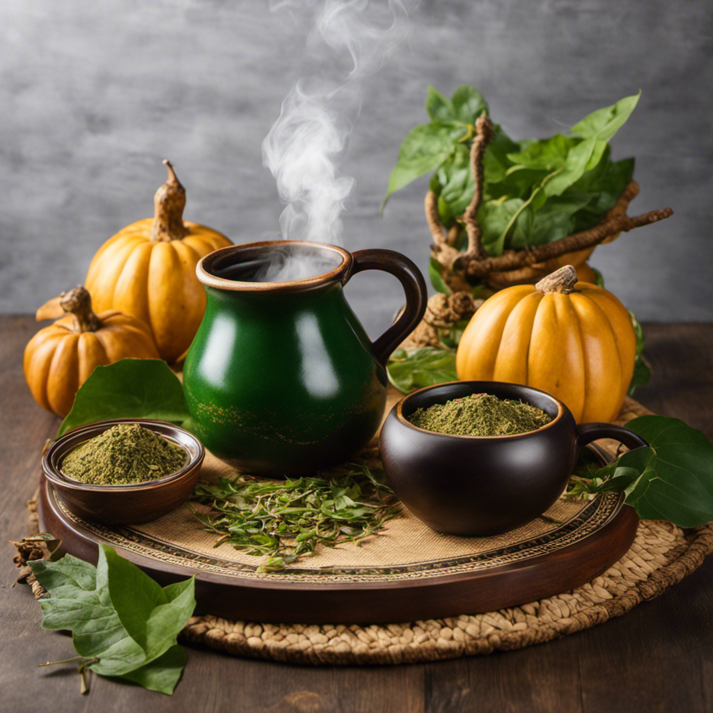 An image showcasing a wooden table adorned with a traditional gourd and bombilla, alongside a steaming cup of yerba mate