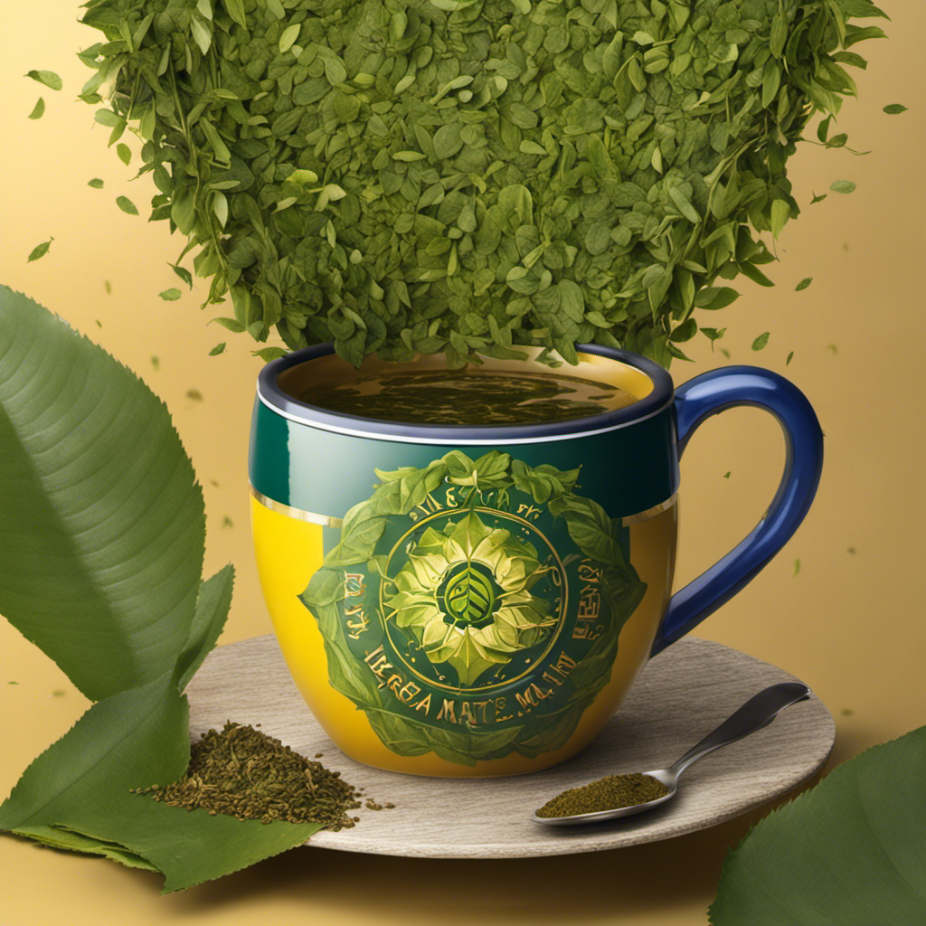 An image showcasing a vibrant, steaming cup of yerba mate, adorned with precisely measured loose leaves cascading into the water, capturing the perfect ratio for the ultimate infusion