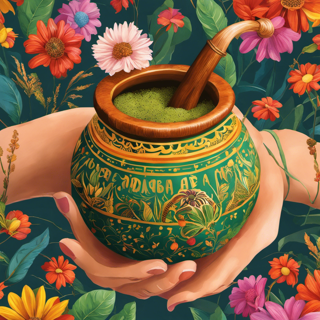 An image of a beginner-friendly yerba mate ritual: a hand holding a traditional mate gourd filled with freshly brewed yerba mate, surrounded by a selection of colorful bombillas and a cheerful, inviting atmosphere