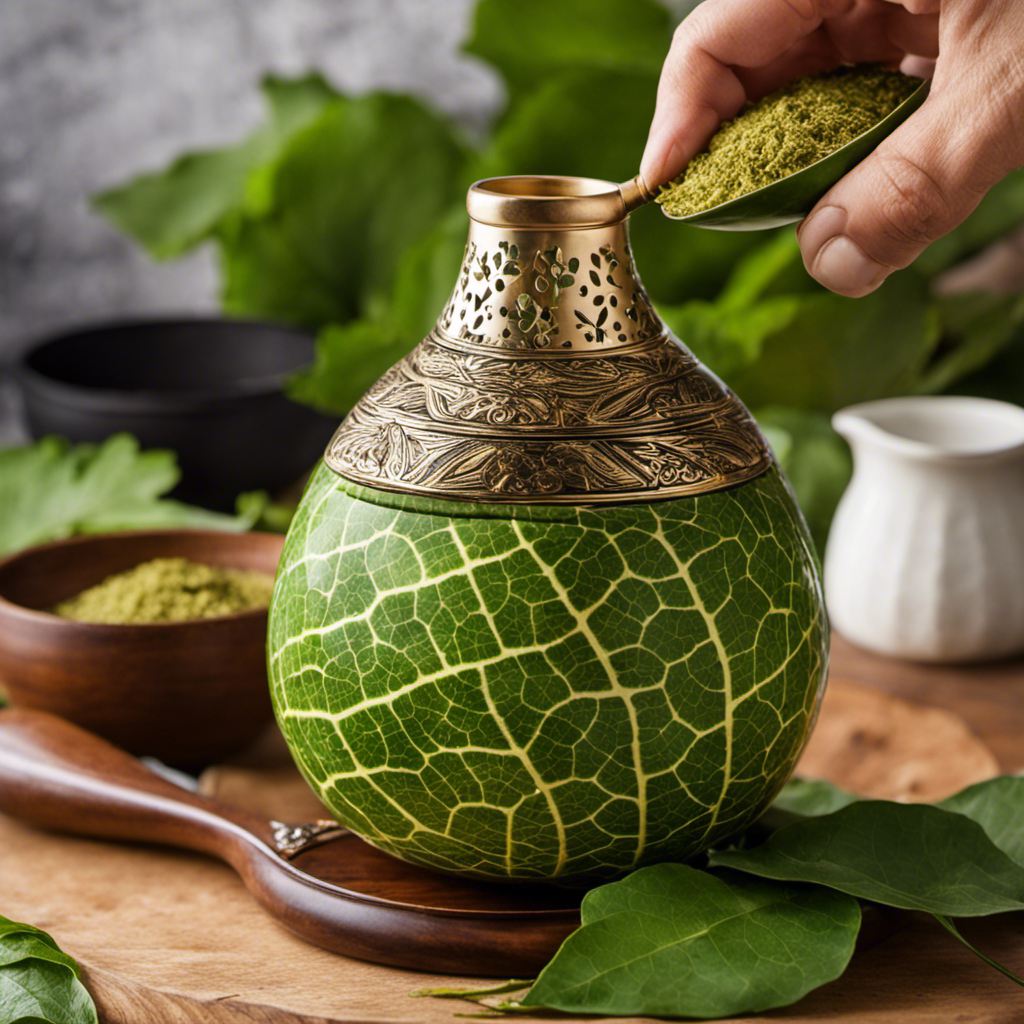 An image showcasing a traditional yerba mate gourd being filled with the perfect blend of yerba mate leaves, capturing the precise moment when the vibrant green leaves gracefully cascade into the gourd, ensuring an authentic and invigorating experience