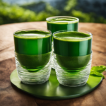 An image showcasing four identical cups, each filled with a vibrant green liquid of varying heights