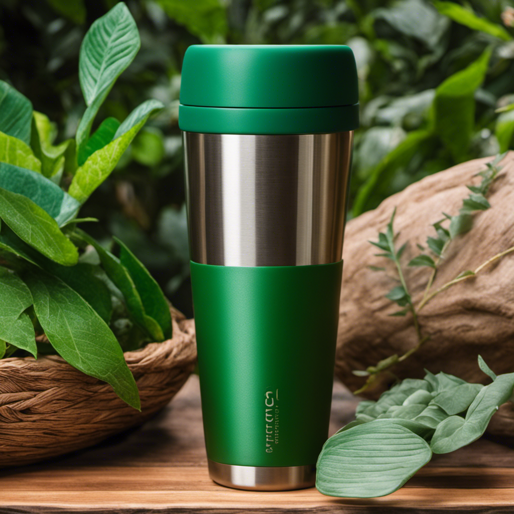 A captivating image showcasing a sleek, double-walled stainless steel Yerba Mate travel cup with a vibrant green silicone sleeve, nestled amidst lush, verdant leaves, evoking a sense of tranquility and eco-consciousness