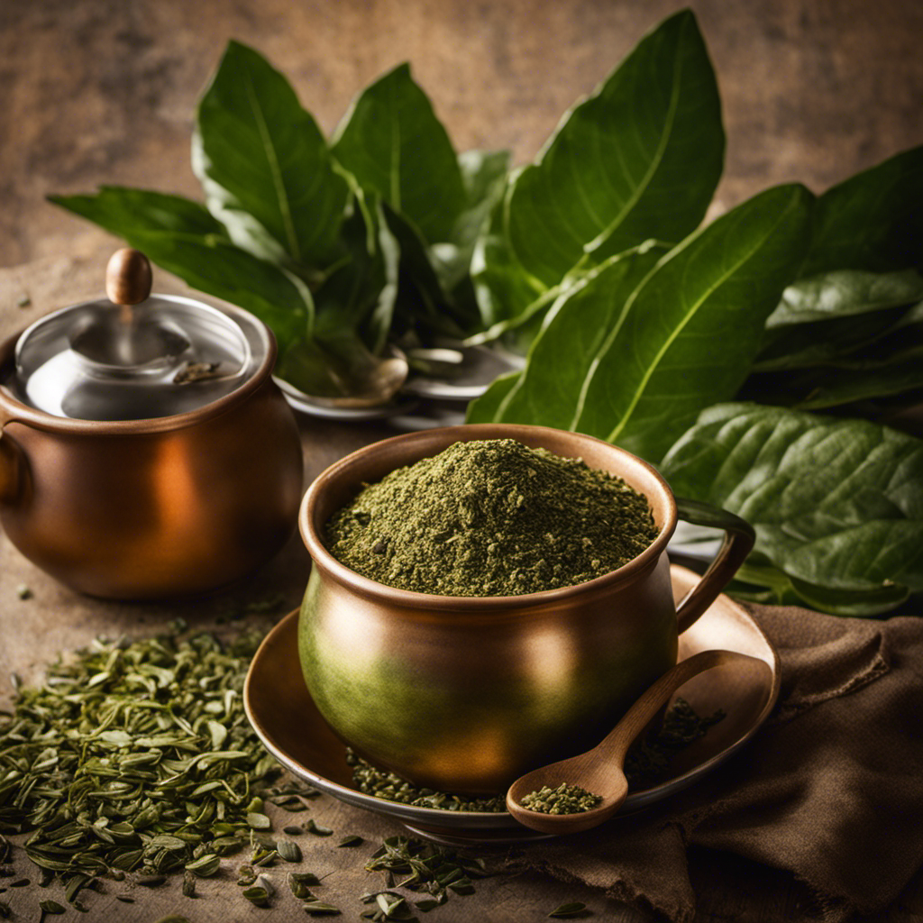 An image showcasing a vibrant, close-up shot of a steaming cup of yerba mate, brimming with fresh leaves