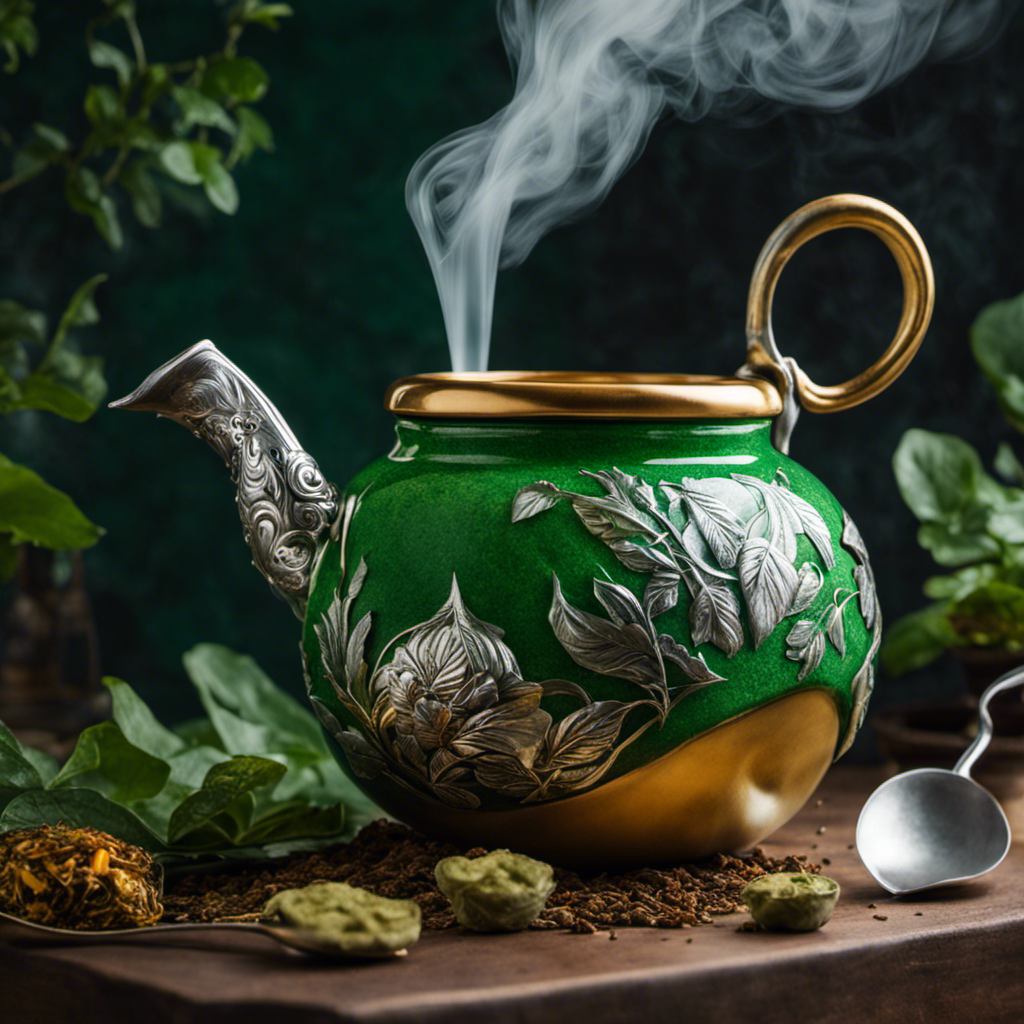 Nt, leafy green background with a hand holding a ceramic gourd filled with steaming yerba mate tea, adorned with a silver bombilla