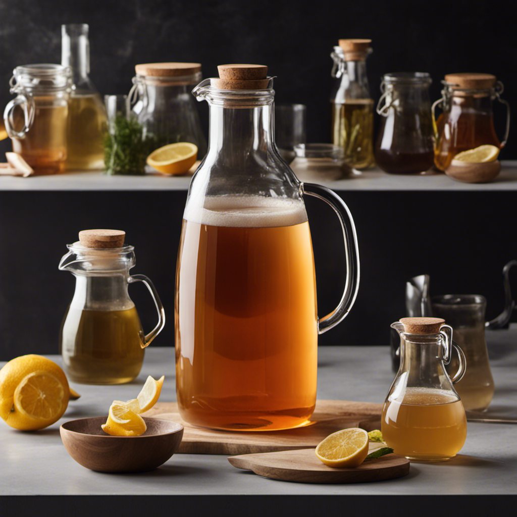 An image showcasing a serene, minimalist kitchen scene with a glass pitcher filled with freshly brewed kombucha tea, surrounded by various flavors of fermented tea in elegant glass bottles, highlighting the diverse options and inviting readers to explore the frequency of consumption