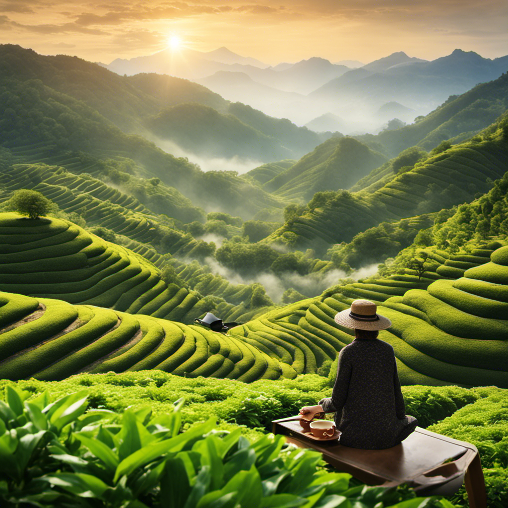 An image illustrating a serene scene with a person savoring a warm cup of freshly brewed oolong tea, surrounded by lush greenery, indicating the link between regular oolong tea consumption and weight loss