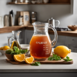 An image featuring a modern kitchen countertop with a glass pitcher filled with refreshing Kombucha tea, surrounded by a calendar with alternating days marked, emphasizing the dilemma of deciding how often to enjoy this delightful beverage