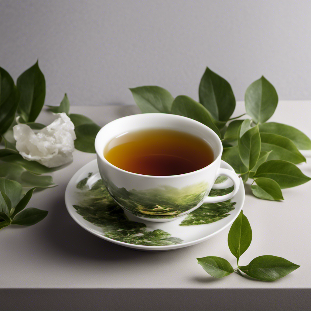 An image showcasing a serene setting with a delicate porcelain teacup, filled with steaming Oolong tea, surrounded by lush green tea leaves and a timer indicating the ideal brewing time