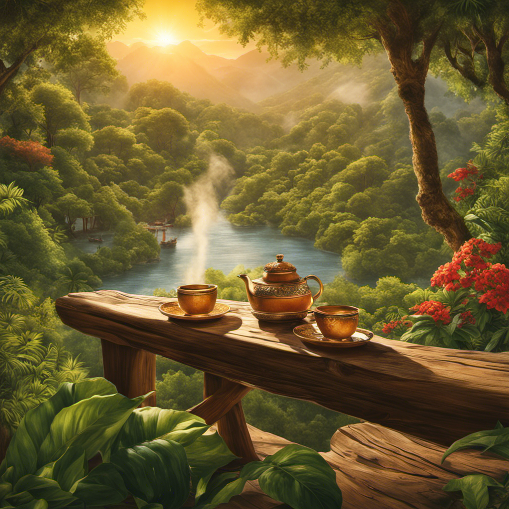 An image showcasing a serene, sun-kissed scene with a person leisurely sipping a steaming cup of Yerba Mate tea, surrounded by lush greenery, emphasizing the calming ritual of enjoying this refreshing beverage