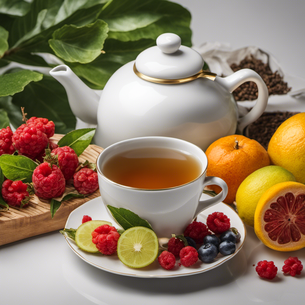 An image showcasing a serene environment with a cup of steaming oolong tea, surrounded by fresh fruits and a measuring tape, symbolizing the connection between oolong tea and weight loss