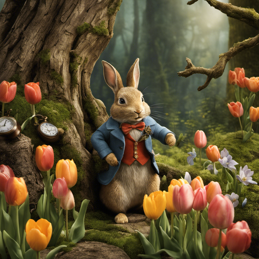 An image showing a mischievous Peter Rabbit, dressed in 1925 attire, frantically searching a picturesque garden with blooming tulips and a vintage pocket watch lying forgotten on a mossy tree stump