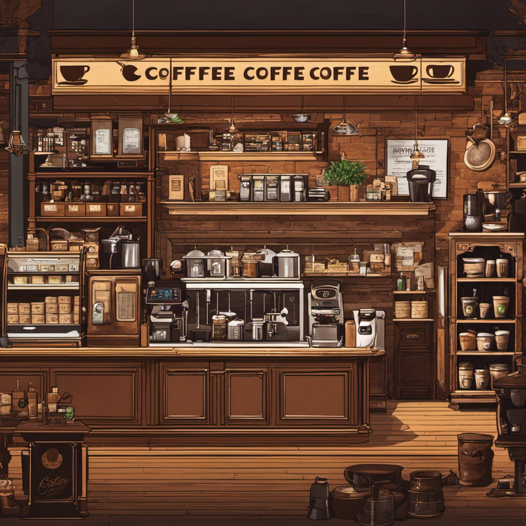 An image showcasing a bustling coffee shop, with customers lined up, baristas expertly brewing coffee, and a cash register overflowing with money, symbolizing the profitability of the coffee industry