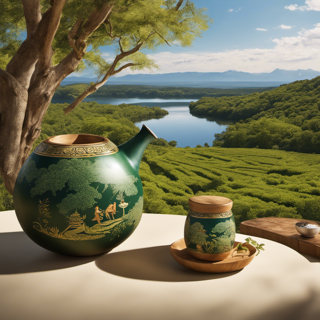 An image showcasing a tranquil scene of a person leisurely sipping yerba mate from a securely sealed gourd, surrounded by a pristine environment, while a safety symbol subtly appears in the background