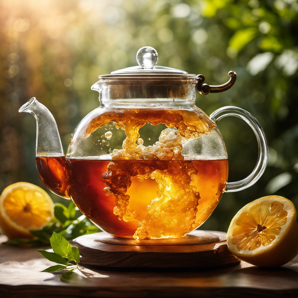 An image of a steamy teapot pouring rich, amber-hued tea into a glass jar filled with a floating, greenish kombucha scoby