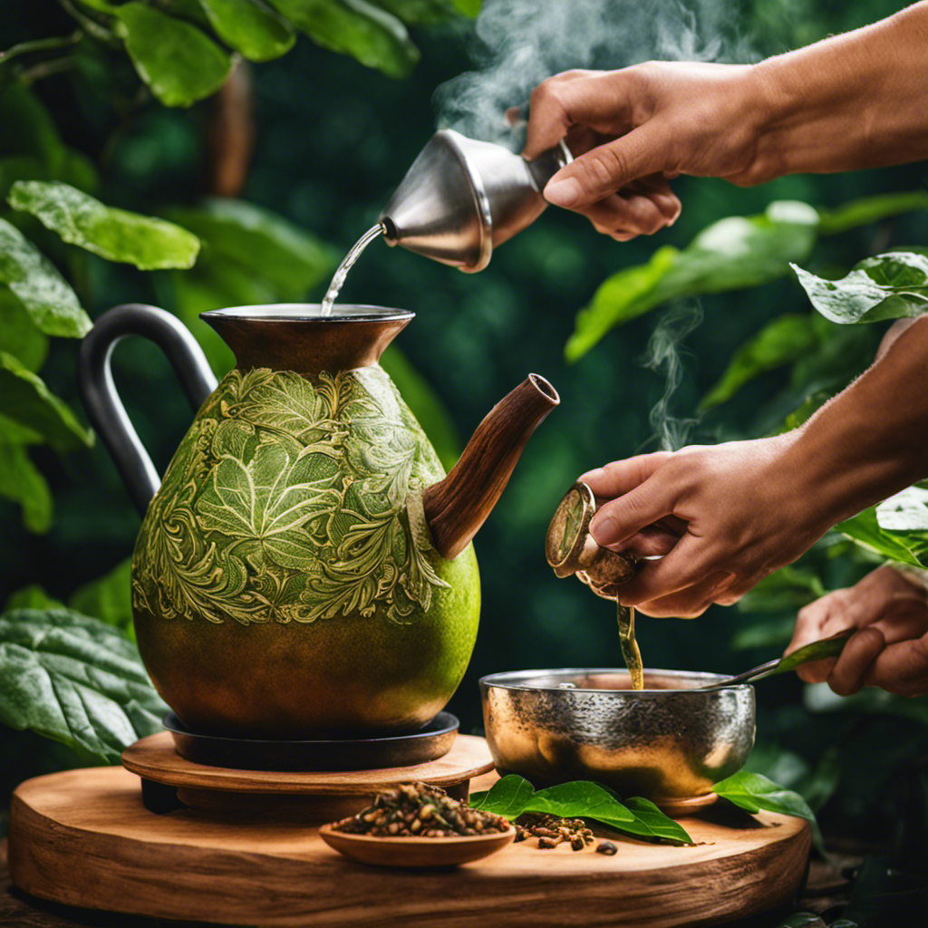 An image capturing the meticulous process of preparing Yerba Mate: a hand pouring hot water into a traditional gourd adorned with a metal straw, surrounded by vibrant green leaves and aromatic steam