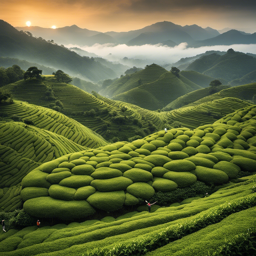 An image showcasing the serene process of making Oolong tea: a skilled hand plucking fresh tea leaves from lush, terraced fields, gracefully swirling in a traditional tea pot, and a steaming cup delicately held amidst a backdrop of rolling mist-covered mountains