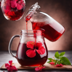 An image showcasing a glass pitcher pouring vibrant red hibiscus tea into a clear glass jar of kombucha, capturing the seamless fusion of the two beverages