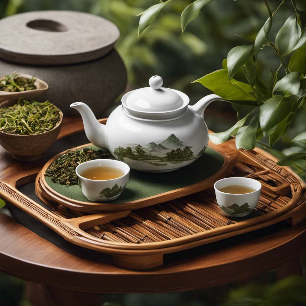 An image that showcases a serene teahouse with a traditional Chinese teapot on a bamboo tray, surrounded by delicate oolong tea leaves and a graceful hand gesturing politely to request a pot of fragrant oolong tea