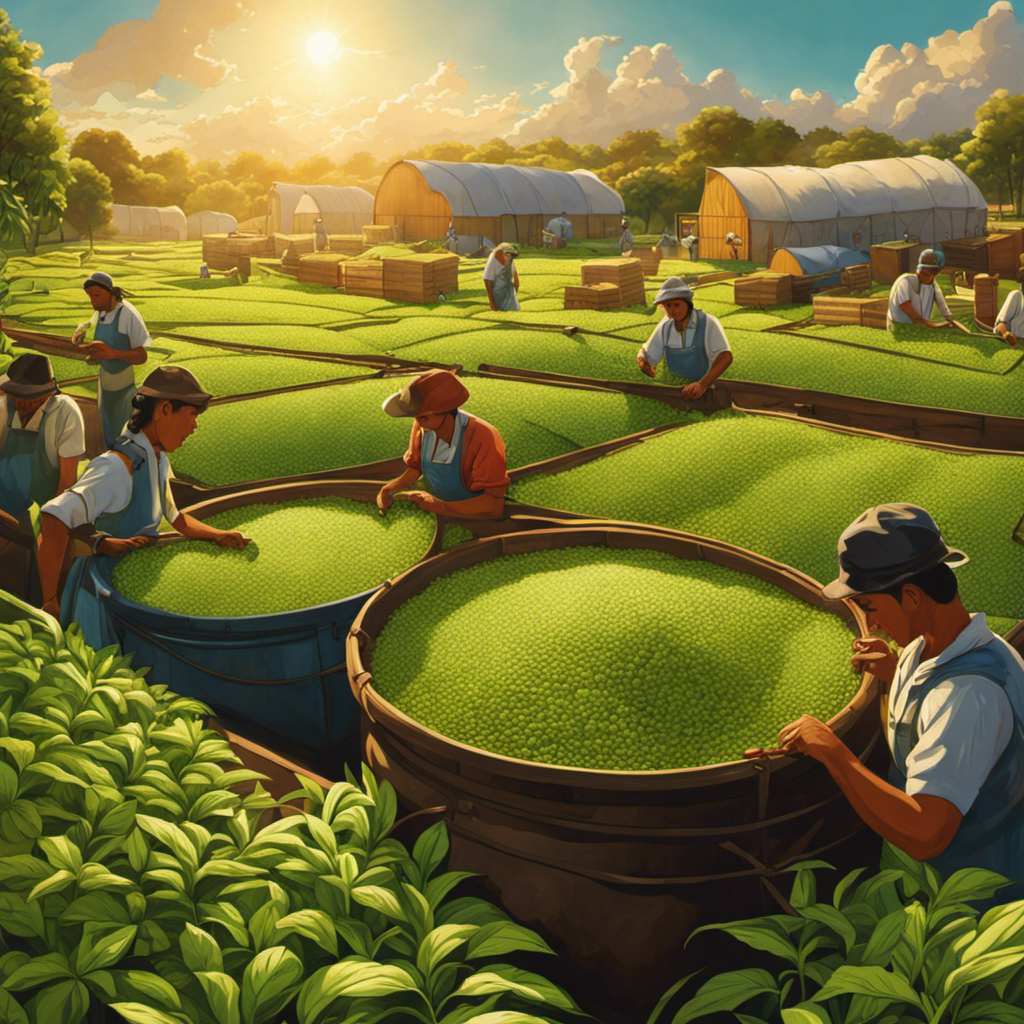 An image showcasing a vibrant, bustling yerba mate factory, with workers skillfully sorting and packaging leaves
