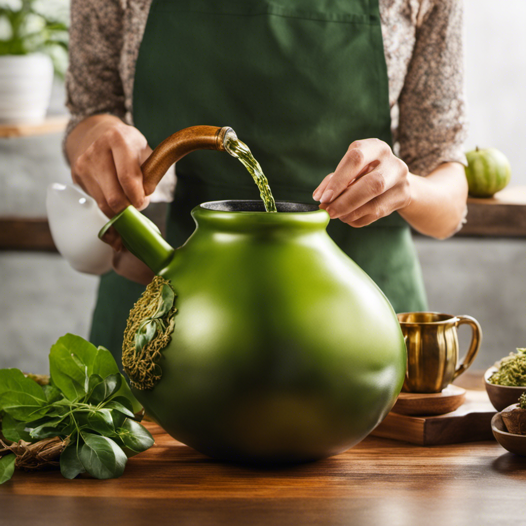 An image showcasing a pair of skilled hands gently pouring hot water into an exquisite gourd, filled with vibrant green Anna Park Yerba Mate leaves