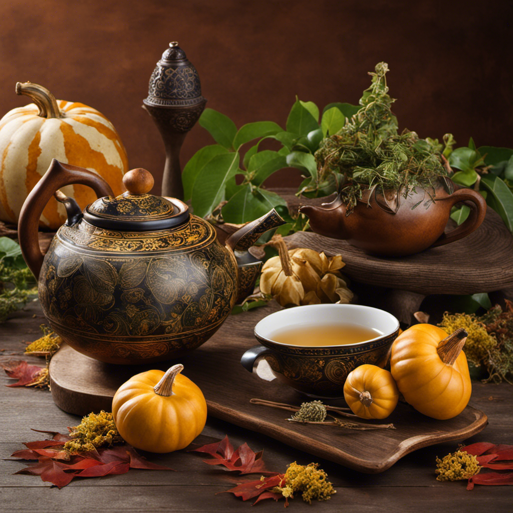 An image showcasing a serene wooden table adorned with a traditional gourd and bombilla, alongside a delicate ceramic teapot, a pile of vibrant loose yerba mate leaves, and a steaming cup of brewed tea