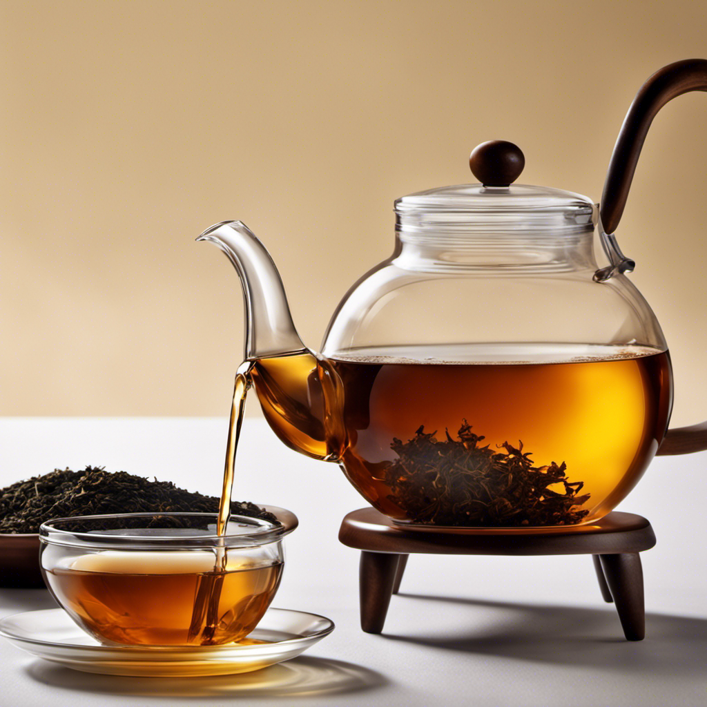 An image capturing the precise steps of brewing Oolong Tea Powder: a ceramic teapot pouring steaming water over a finely measured portion of tea leaves, a swirling infusion, and finally, a cup of rich amber tea being poured