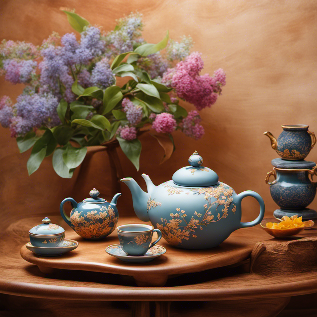 An image showcasing a serene wooden tea table adorned with a traditional clay teapot, as wisps of steam rise from a delicate cup of amber-hued Oolong tea, surrounded by vibrant tea leaves and blooming flowers