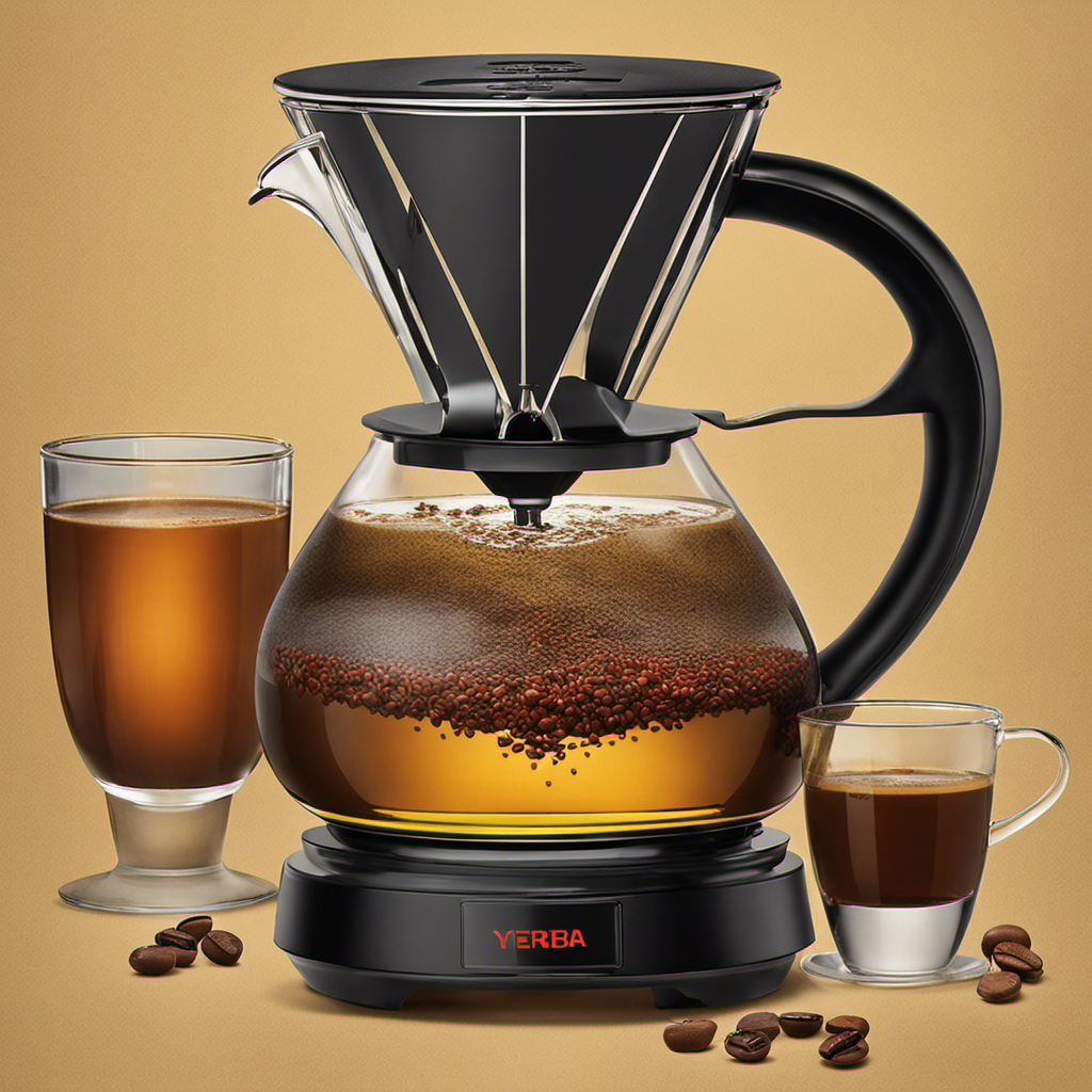 An image showcasing a coffee maker with a vibrant, steaming cup of freshly brewed yerba mate in a clear glass