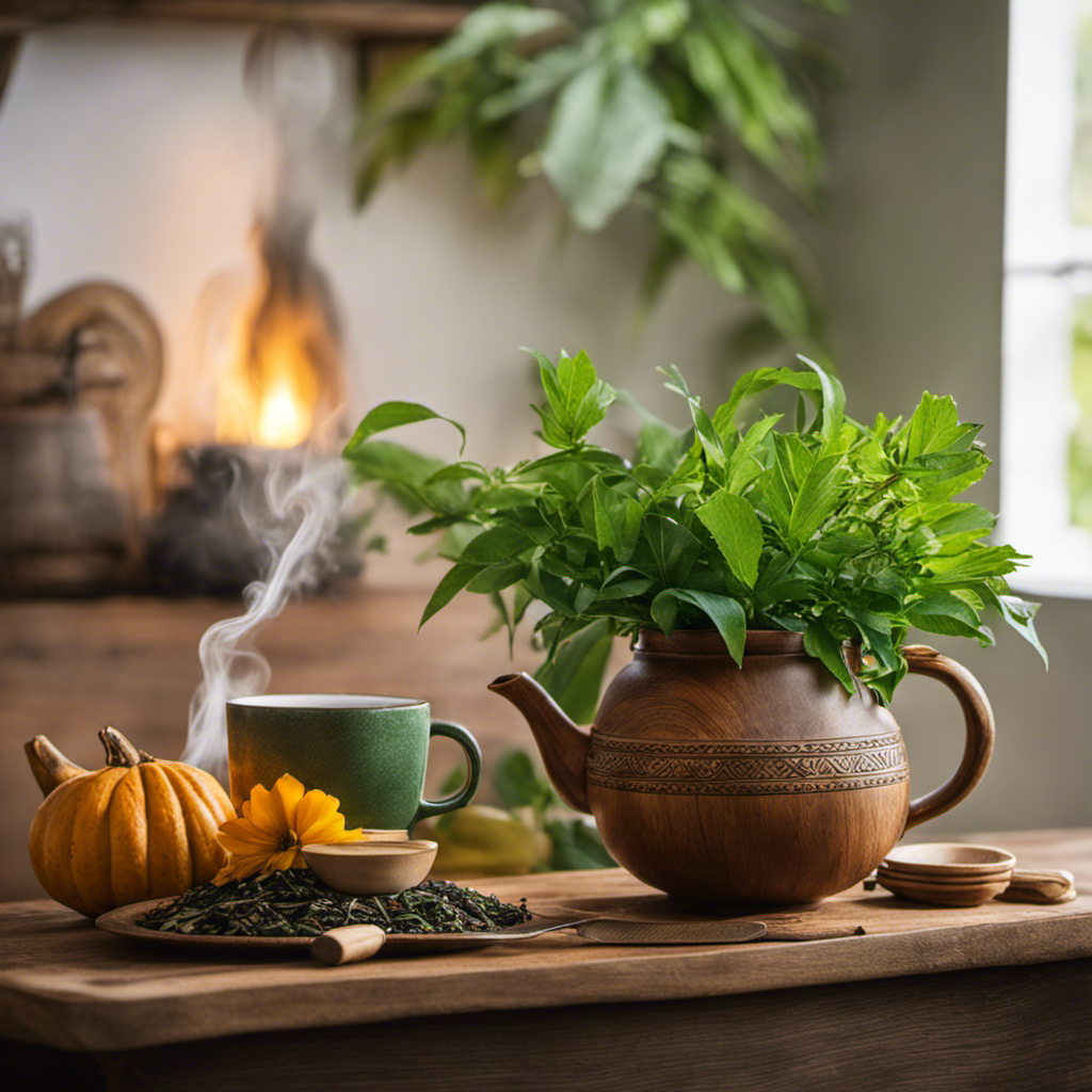 An image showcasing a serene, cozy corner with a rustic wooden table adorned with a steaming cup of yerba mate tea, surrounded by vibrant green leaves, a decorative gourd, and a delicate tea bag steeping in the background