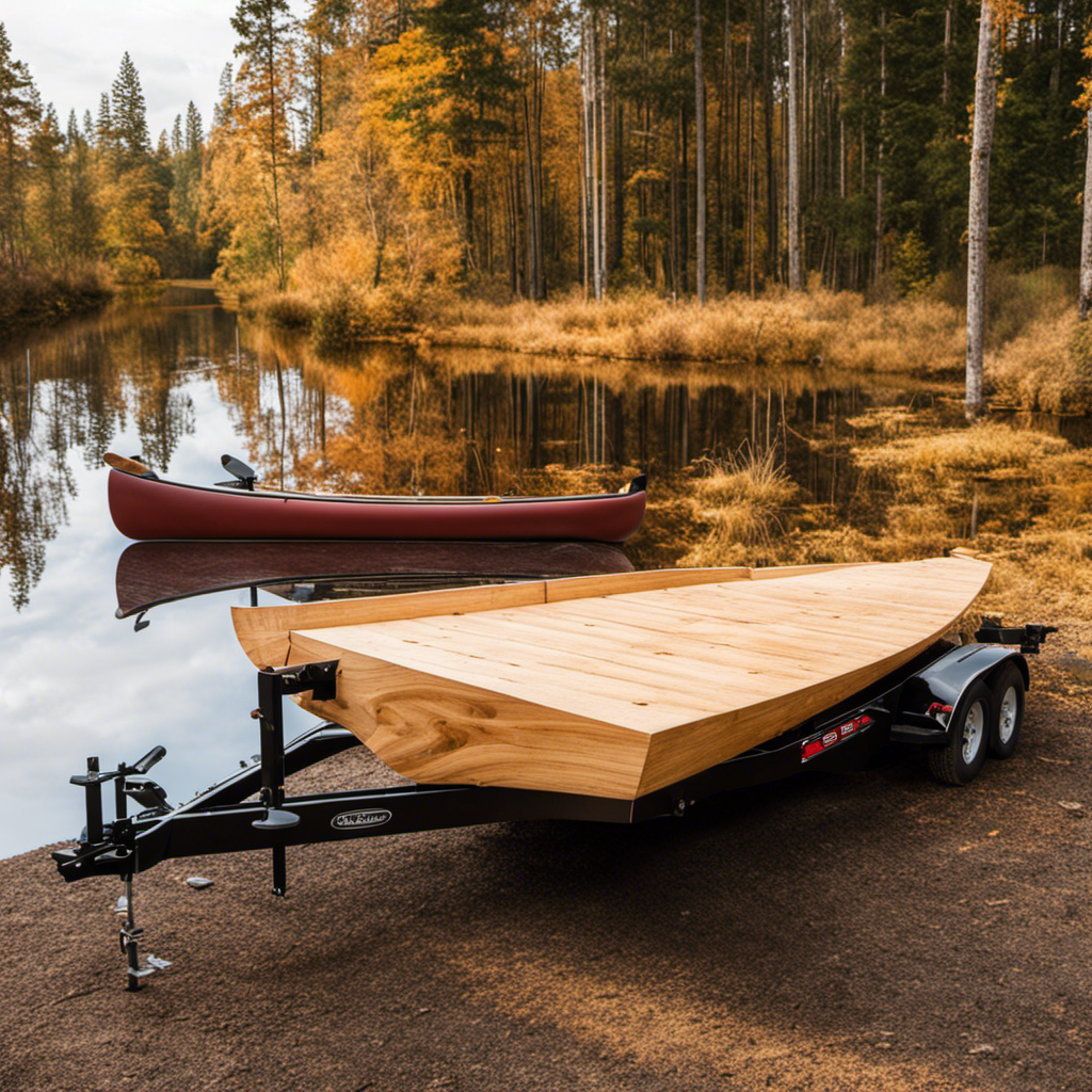 An image showcasing a step-by-step guide on building a canoe trailer from scratch, with clear visuals of measuring and cutting lumber, welding metal, attaching wheels, and securing a canoe