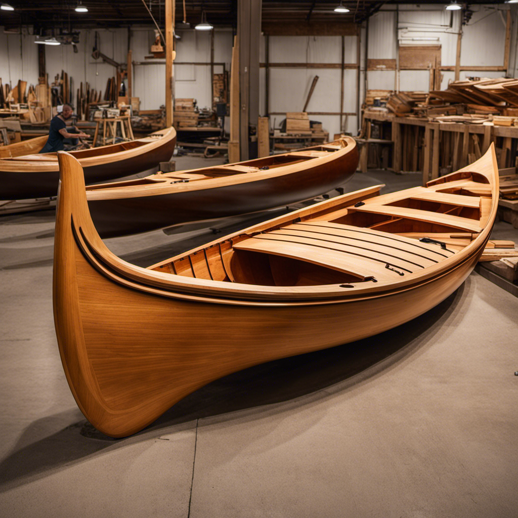An image that showcases the step-by-step process of building a wooden canoe, from meticulously shaping the hull with hand tools, to meticulously sanding and varnishing its smooth surface, culminating in a stunning finished canoe ready for the water