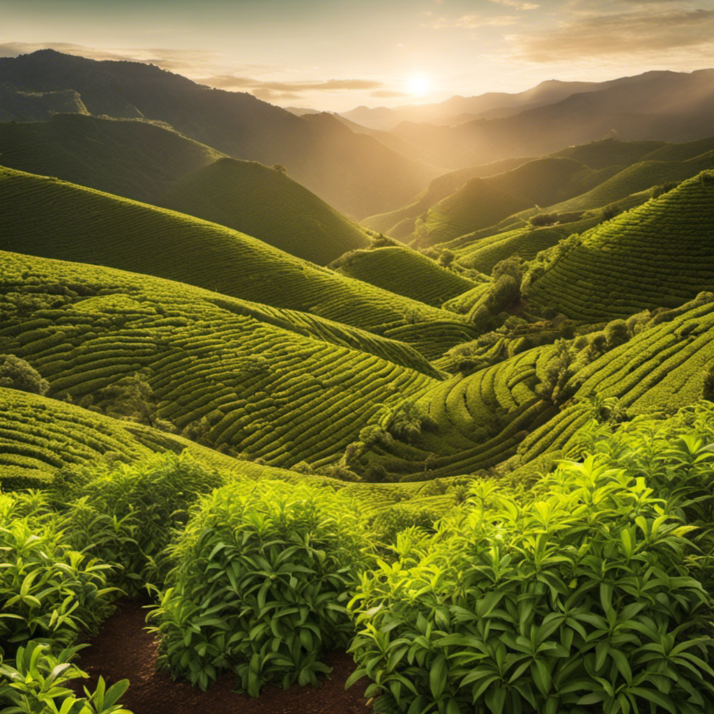 An enticing image of a vibrant, lush yerba mate plantation, with sun-kissed leaves carefully handpicked by experienced farmers, showcasing the meticulous process behind selecting the finest yerba mate tea