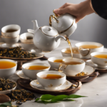 An image showing a close-up of a ceramic teapot pouring steaming golden oolong tea into delicate porcelain cups