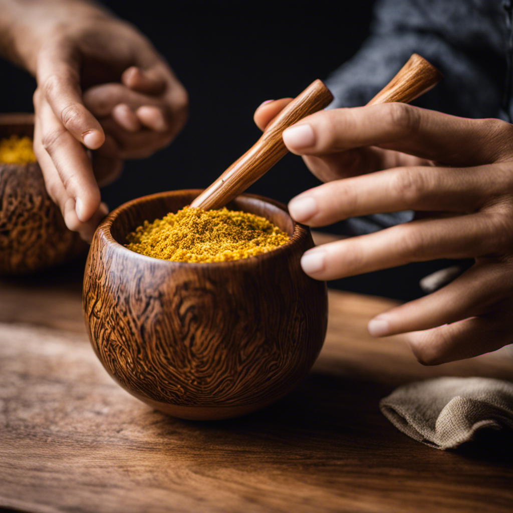 An image showcasing a pair of hands delicately wiping a wooden Yerba Mate cup with a soft cloth, revealing its intricate grain patterns